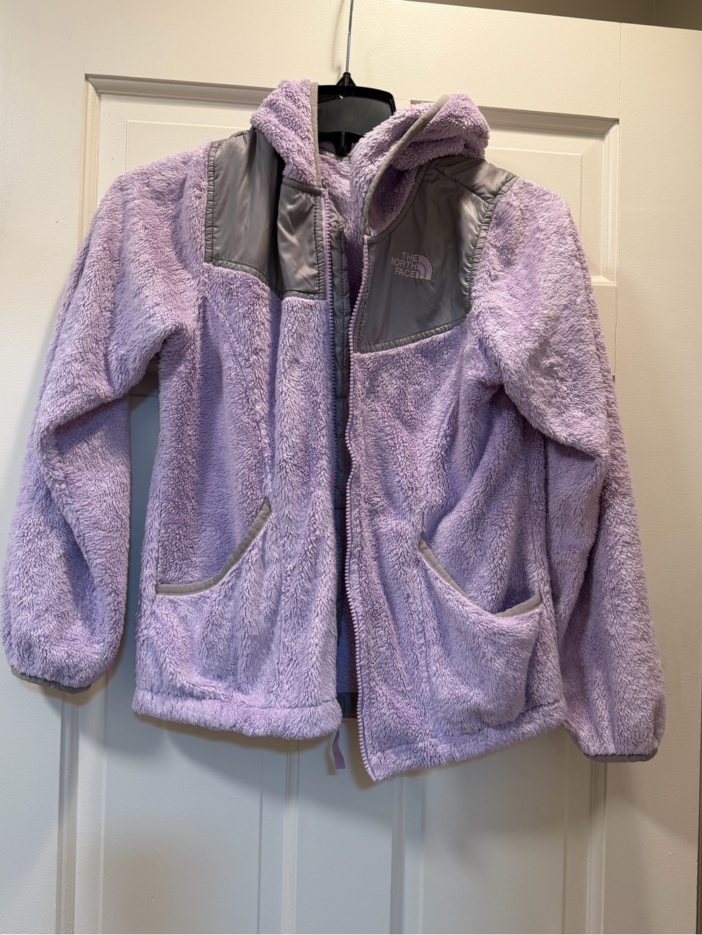 The North Face Kids Lavender Hooded Fleece Jacket with Gray Accents